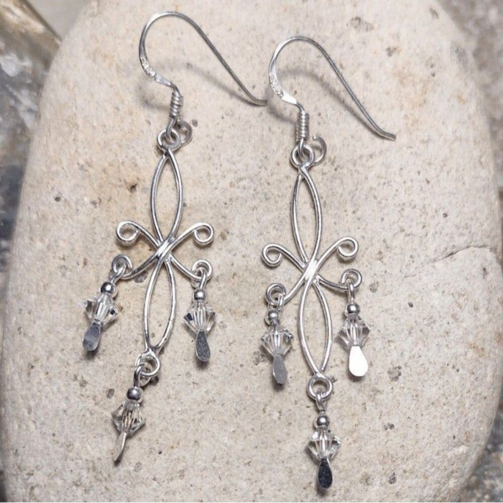 .925 Sterling Silver Crystal  Scroll Dangle Earrings